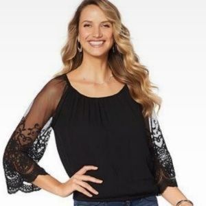 Colleen Lopez Black Peasant blouse with sheer lace sleeves,  1X